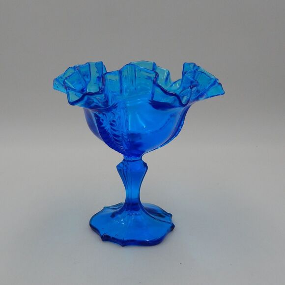 Fenton Colonial Blue Drape Pattern Ruffled Candy Dish Compote 6 Inch - Picture 6 of 6